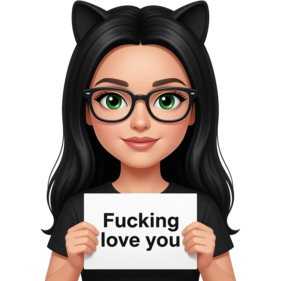 A beautiful woman with long jet black hair, black cats eye glasses and green eyes and pale skin and very long eyelashes wearing a black shirt and holding a sign saying “Fucking love you” emoji