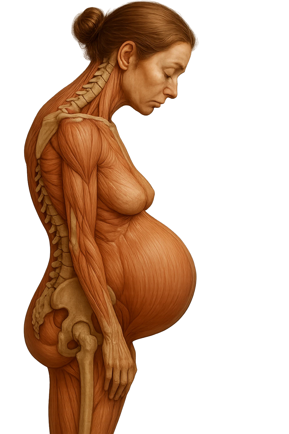 donna in gravidanza di profilo con spina dorsale in evidenza, postura storta, spalle chiuse in avanti, iperrealistica 4k emoji