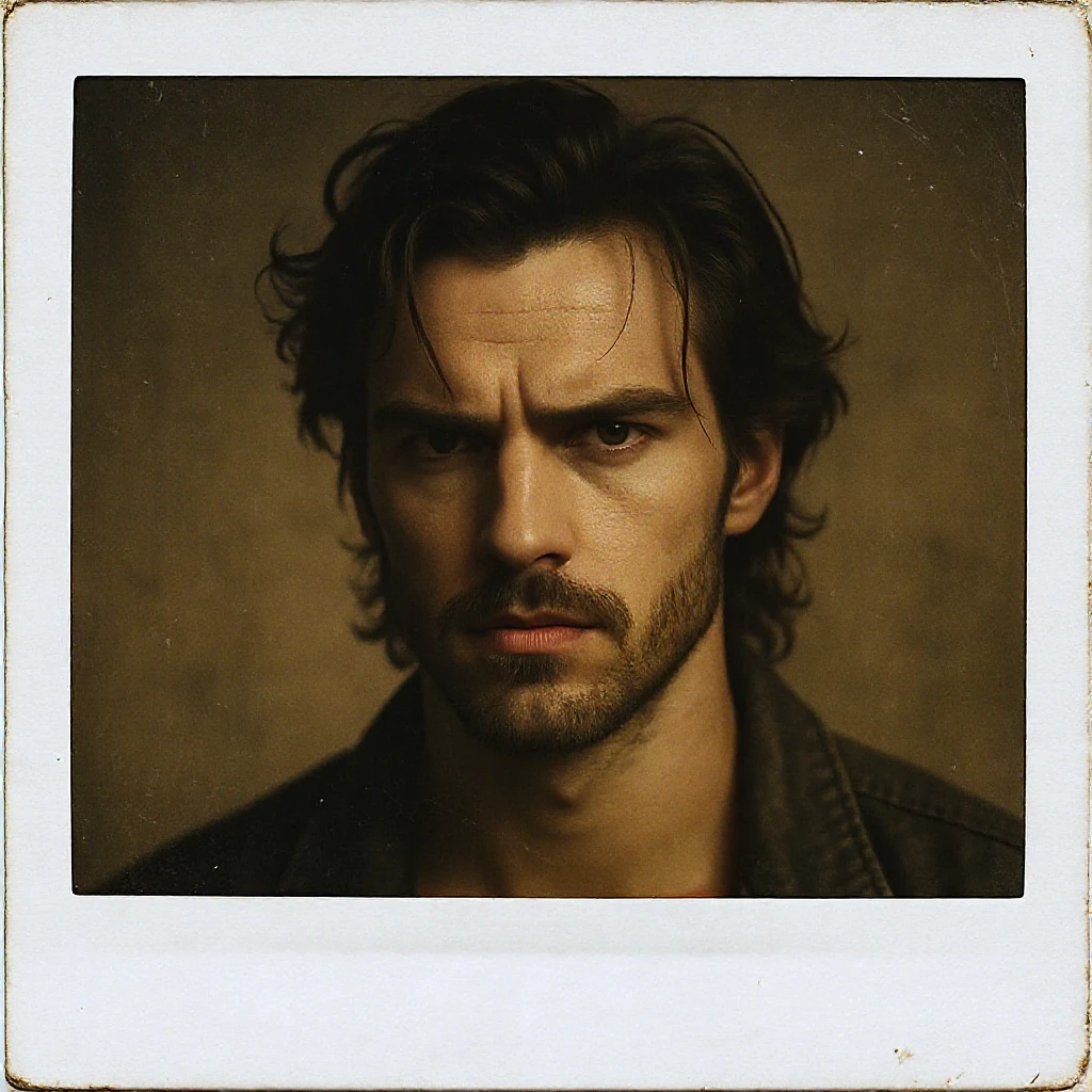 portrait illustration of a man with sharp features, tousled dark hair, mysterious expression, warm tones, classic instant photo border emoji