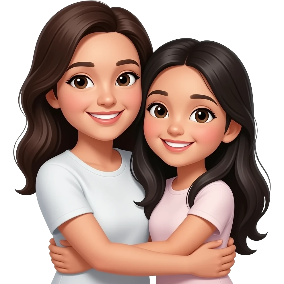 Mother and daughter long black hair smiling hugging Each other emoji