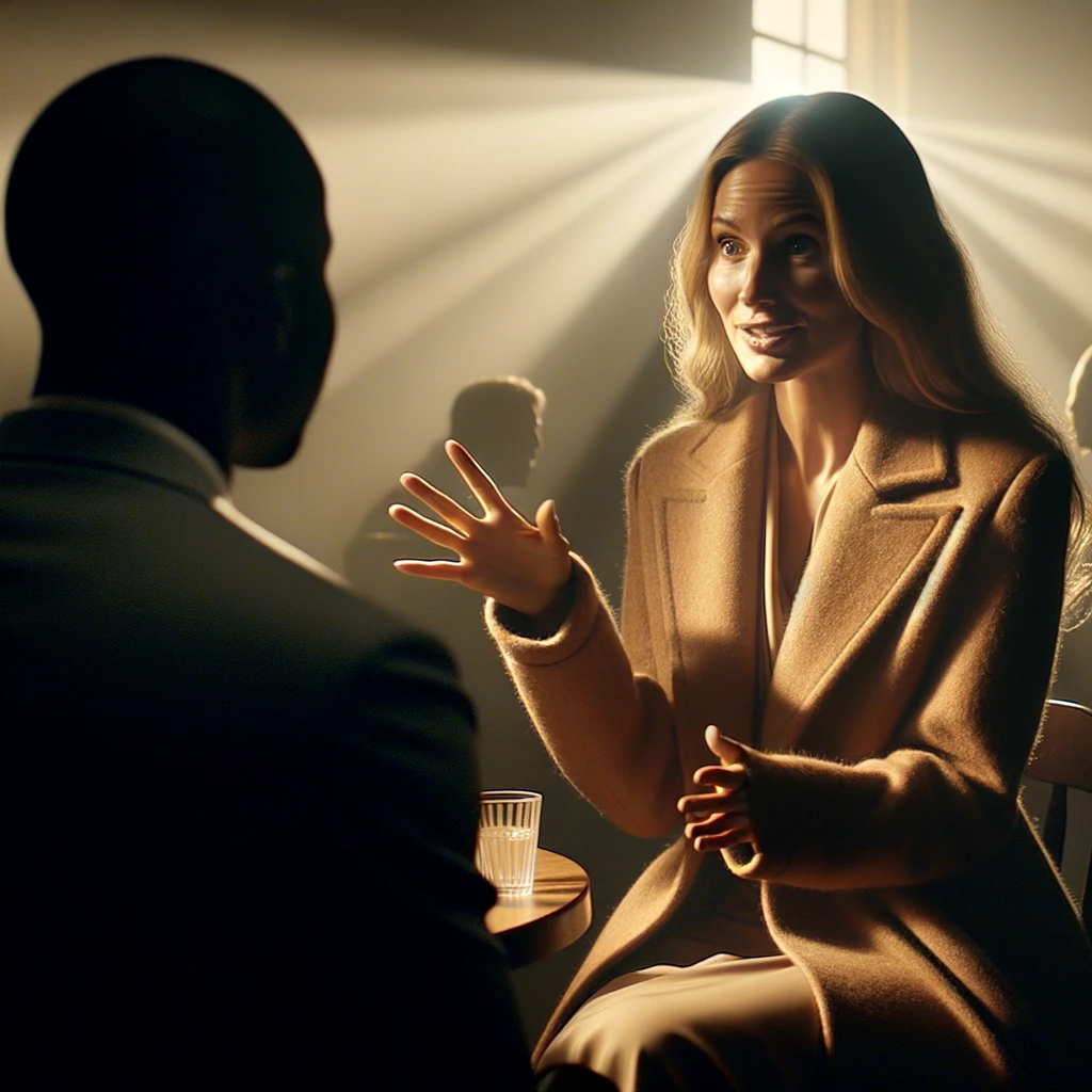  in a bright, softly lit room with a light background, a person is speaking with expressive gestures and a focused expression. In the foreground, another person is seen from behind, listening attentively. The details of hair, skin, and clothing are crisp and lifelike, with subtle reflections and natural shadows. The overall mood is calm and intimate. emoji