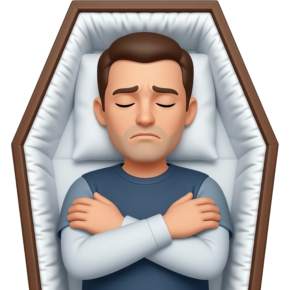 Me laying in a coffin with my arms crossed on my chest with hands in shoulders with closed eyes and stressed face emoji