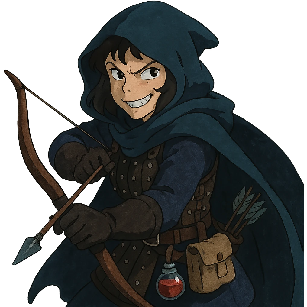 A female rouge , colored hood, wearing brigandine armor with, bow and arrow at the ready, night time shadows, tool belt with red potion and bandages, mischievous grin, anger emoji