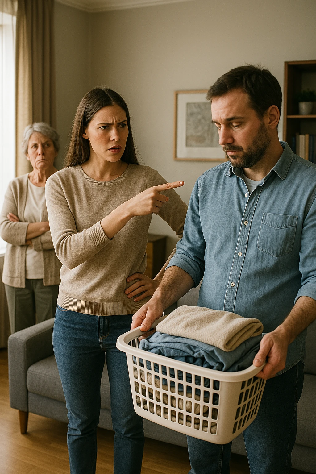 a woman stands assertively in the center of a living room, giving clear instructions to her partner. The man, with a submissive and resigned expression, follows her directions, perhaps holding household items or performing a chore. Behind them, an older woman (the mother-in-law) stands with crossed arms and a disapproving look, watching the scene unfold. The lighting is natural, and the atmosphere is tense but realistic. emoji