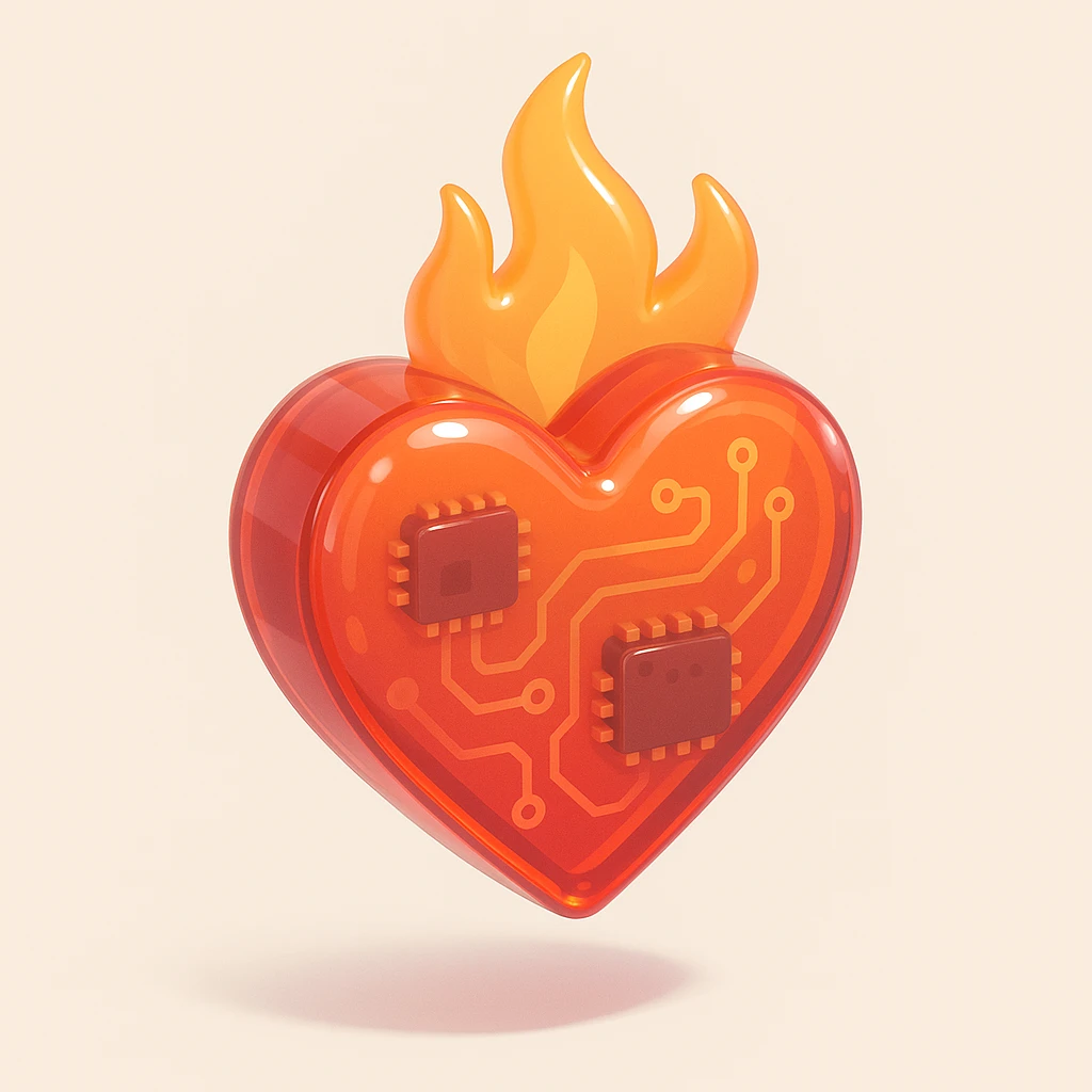 heart with flames of fire in red-orange, yellow, and pink, shiny 3D style emoji
