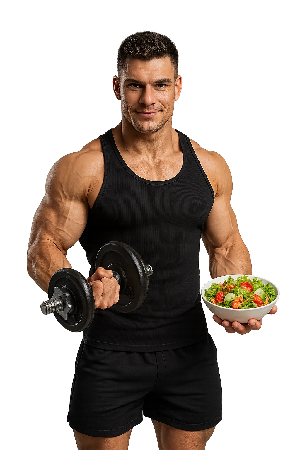 bodybuilder che tiene un manubrio da palestra nella mano destra e una bowl di insalata nella mano sinistra emoji