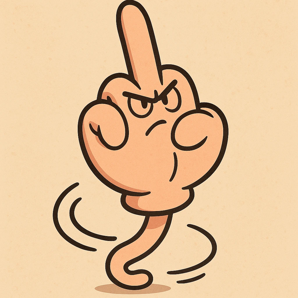 a playful animated hand spinning while showing the middle finger emoji