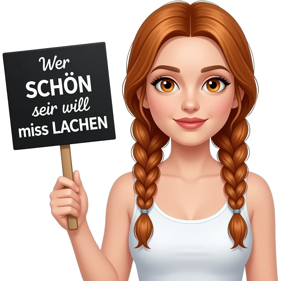 sexy girl with long ginger braids and ginger eyes wearing a white tanktop is holding a black sign with Wer SCHÖN sein will muss LACHEN written on it emoji
