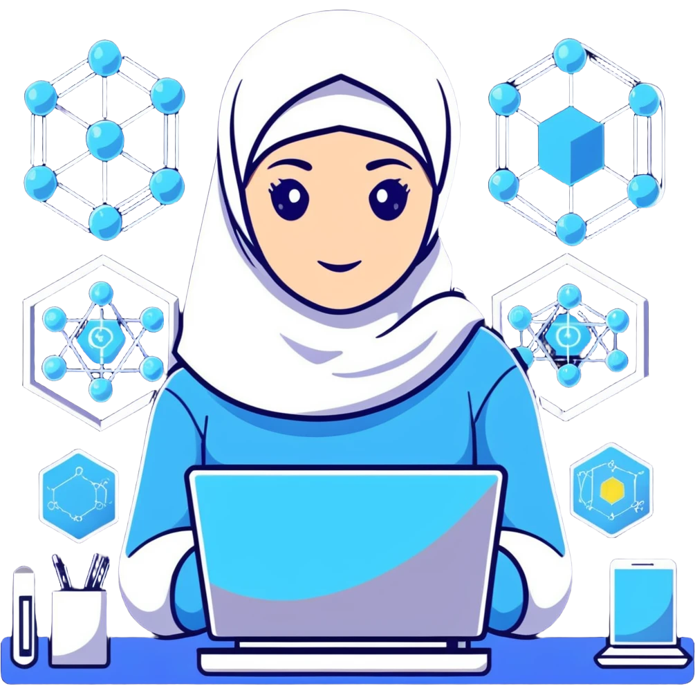 computer engineer with white hijab in blue clothes, surrounded by next-gen holographic displays showing 3D molecular structures, advanced algorithm visualizations, futuristic UI, quantum computing elements, digital brain patterns emoji