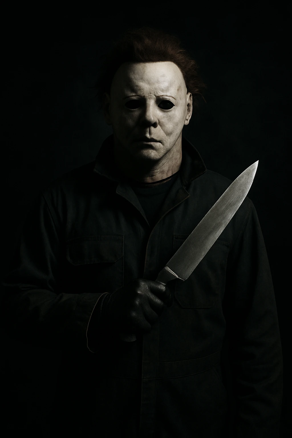 a masked killer with a large knife, dark background, suspenseful atmosphere emoji