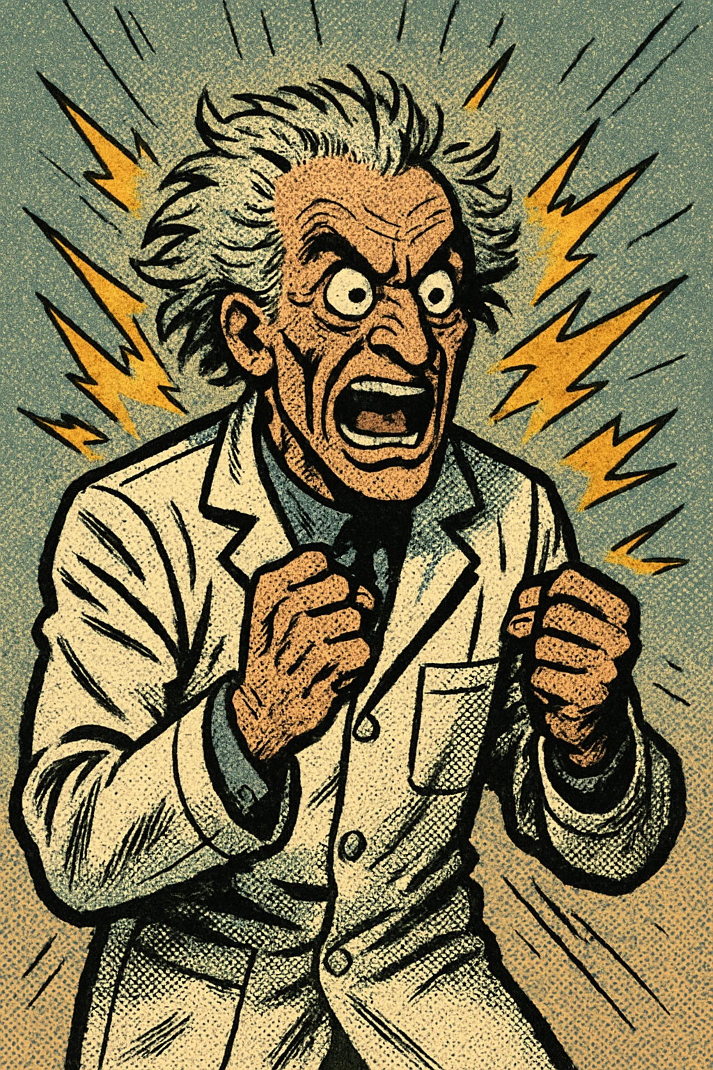 mad genius with wild hair, lab coat, sparks flying, exaggerated features, comic book style emoji