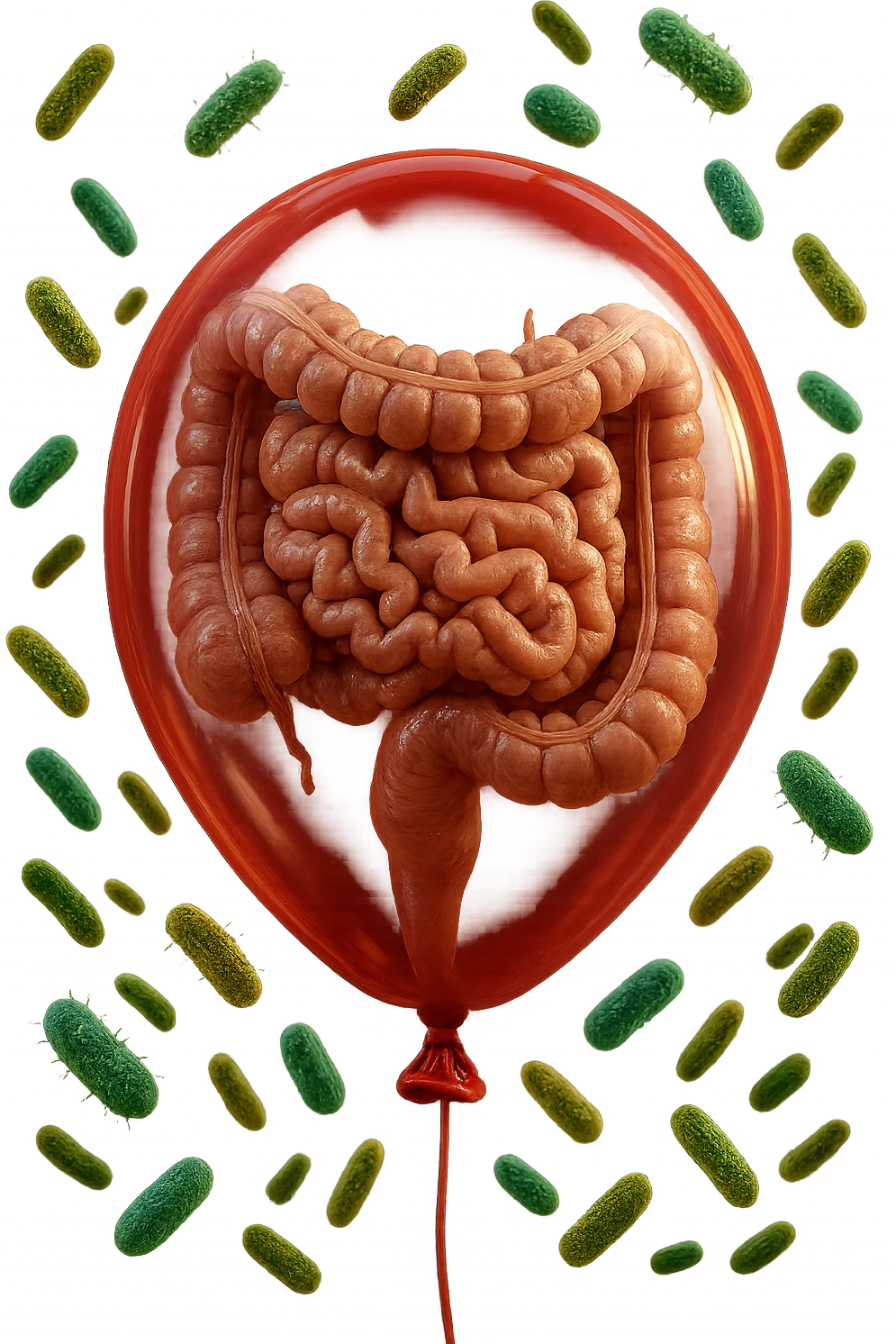 intestino umano anatomico chiuso in un palloncino rosso con batteri intestinali che fluttuano intorno, iperrealistico 4k emoji