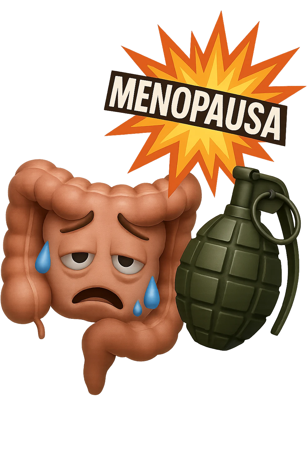 EMOJI STILE IPHONE 3D DI INTESTINO SFINITO CON ESPRESSIONE STANCA, ACCANTO A LUI SCOPPIA UNA GRANATA 3D CON LA SCRITTA "MENOPAUSA" SOPRA emoji