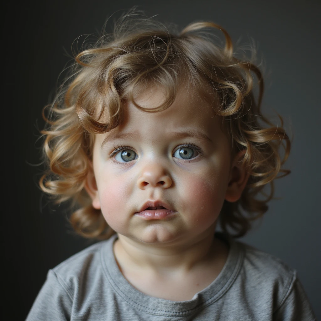 lifelike child portrait where the head is creatively shaped like the letter F, realistic textures and expression emoji