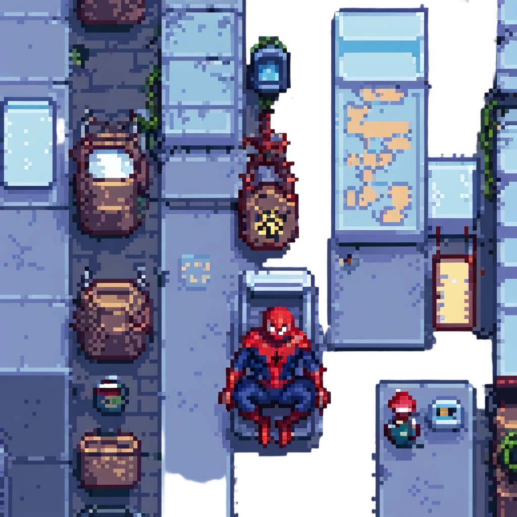 pixel art Spider-Man with city skyline background emoji