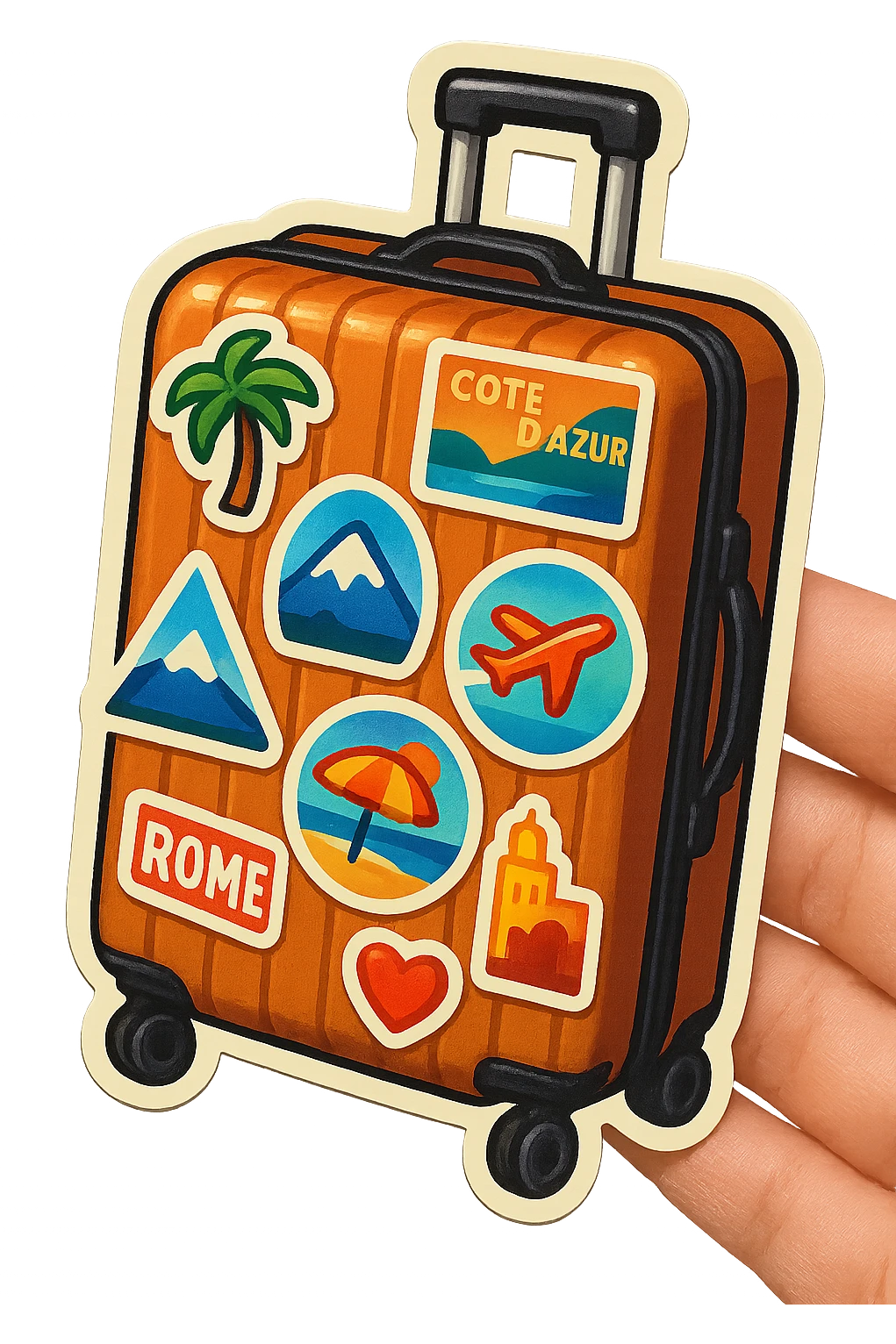 ribbed suitcase with wheels and handle, decorated with various colorful travel stickers, shown semi-sideways or in a hand, retro sticker style with color, clear thick contours, sharp graphic shadows and highlights, no gradient blending emoji