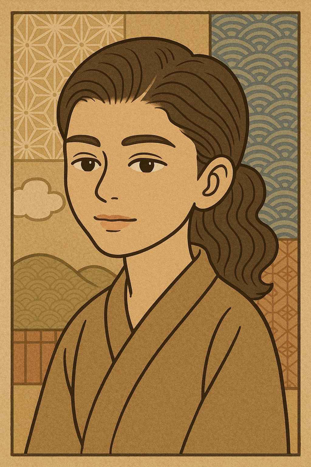 Zendaya's head in Irasutoya style, neutral expression, cartoon simplicity, gentle look emoji
