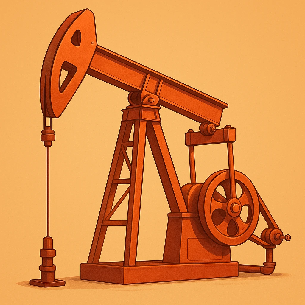 Сгенерируй мне нефтекачалку в мультяшный реалистичный стиль, мягкий тёплый свет, чистые контуры, детализировано, гладкая цифровая отрисовка, оранжево-красная цветовая палитра. На однородном фоне  emoji