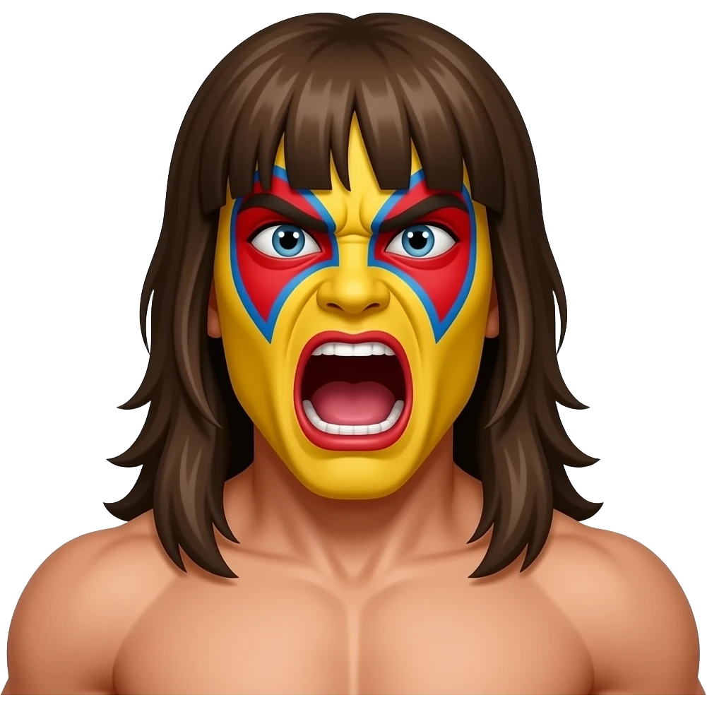 ultimate warrior wrestler with yellow red and blue warrior face paint, long brown hair with bangs and screaming emoji
