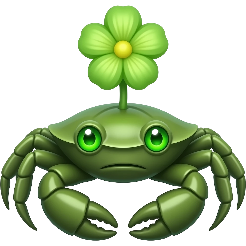 A green crab with a green  flower growing on its back on its back green eyes glowing eyes facing forward emoji