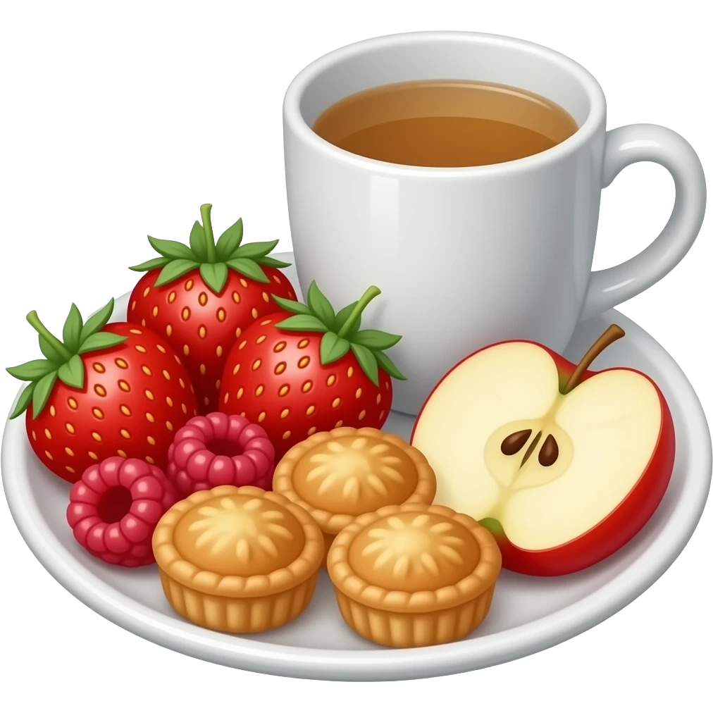 Aesthetic emoji-style illustration of a cozy snack plate for a reader, filled with strawberries, raspberries, sliced apples, small pastries, and a cup of tea, soft pastel colors, sparkles, hearts, bookish vibe, minimal background, kawaii emoji style, no characters emoji
