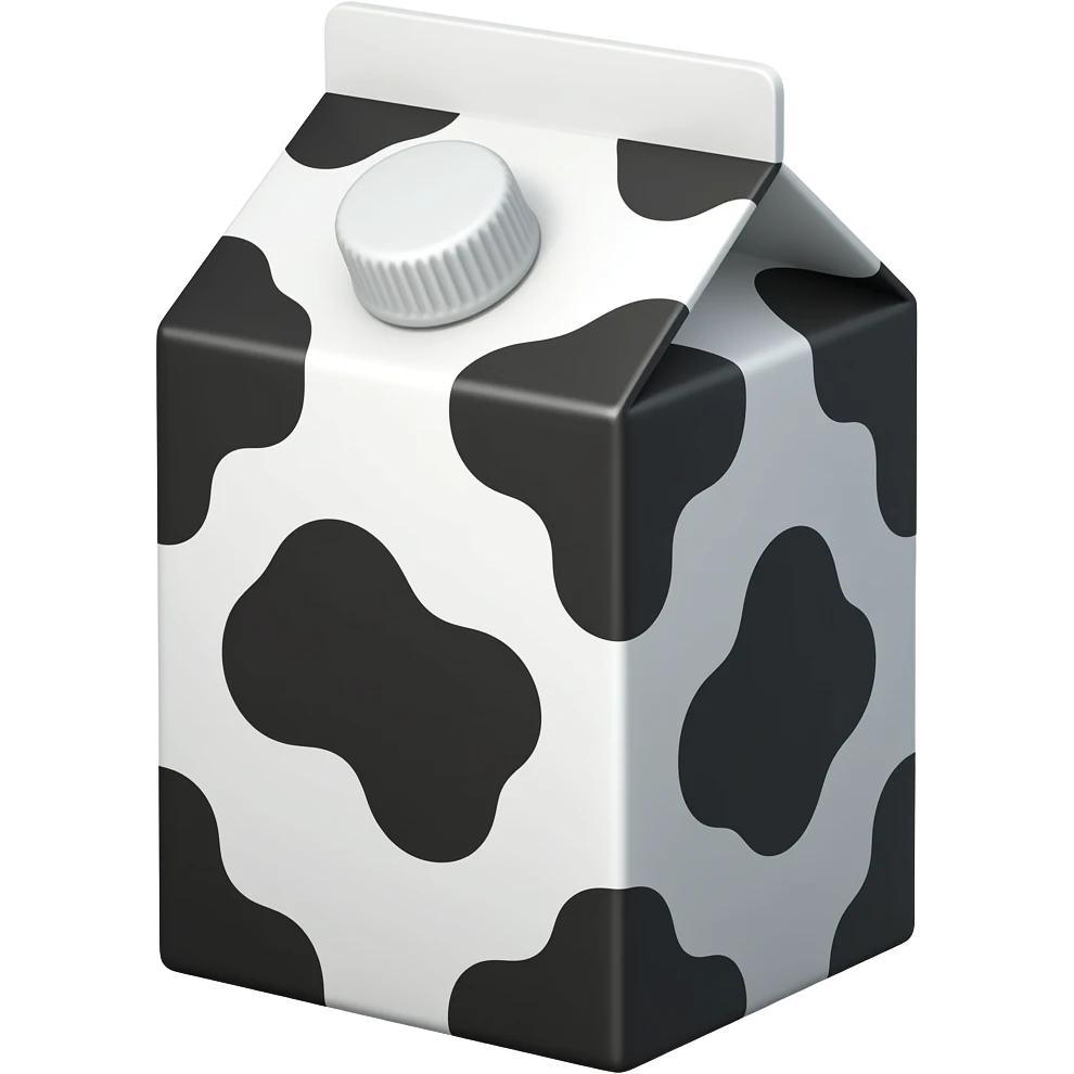 Generate a Milk carton with cow print design. Simple with one opening at the top (a screw top) emoji