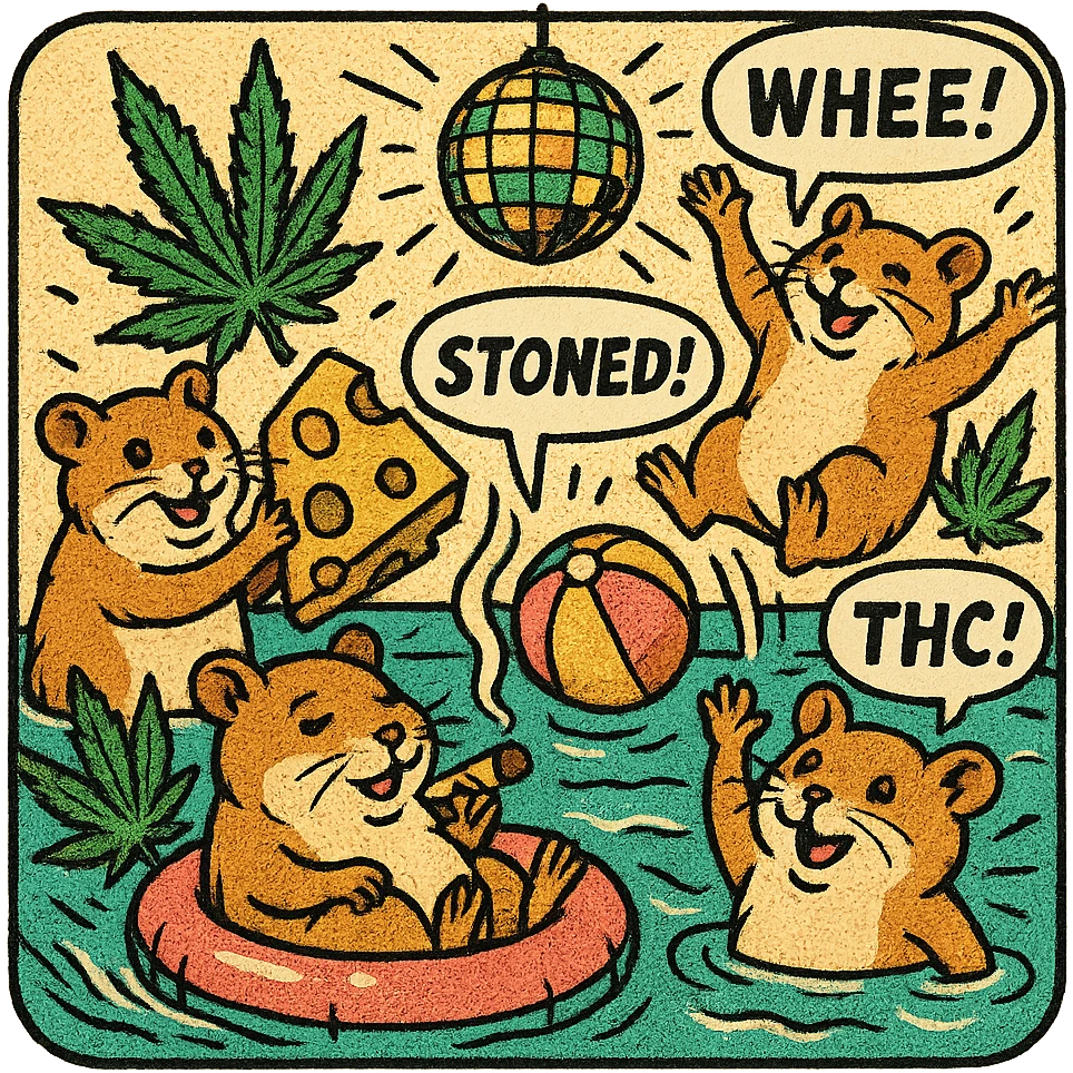 square Discord server icon, retro comic book style, hamsters at a pool party with weed, cheese, THC theme, disco ball, halftone dots, speech bubbles, dynamic action lines, centered clear fun composition emoji