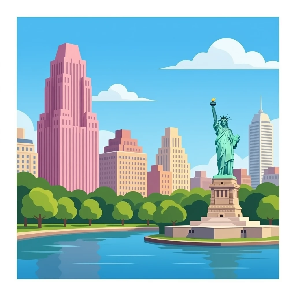 High Pink Building  in New York in Central Park Conservancy river lestatue-of-liberty emoji