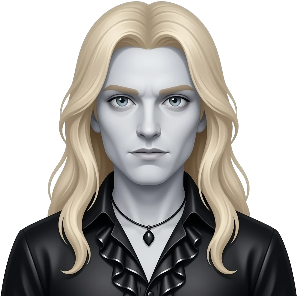 Lestat from The Vampire Chronicles with pale-grey skin, grey-blue eyes, long blonde hair, black metallic ruffle shirt, black necklace emoji