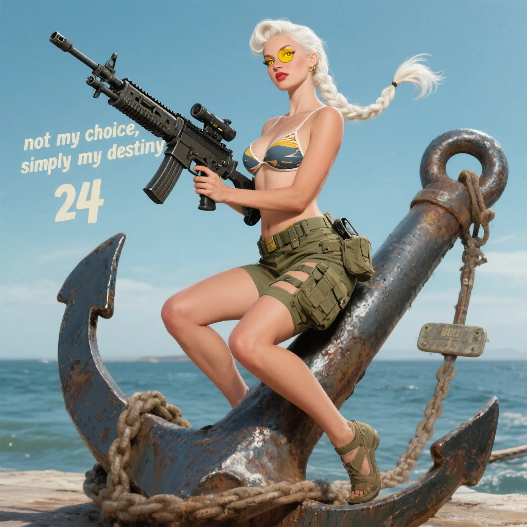 a retro military pinup " not my choice, simply my destiny "
; female figure young,gorgeous, white hair 1 braid, gold yellow eyes, riding side-saddle on a massive anchor , with a massive LMG 249,  wearing a swimsuit and bdu bottom with plate-carrier emoji