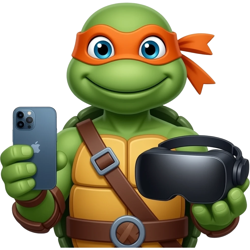 Leonardo (Teenage Mutant Ninja Turtles) holding a iPhone device on one hand and visionPro on another hand emoji