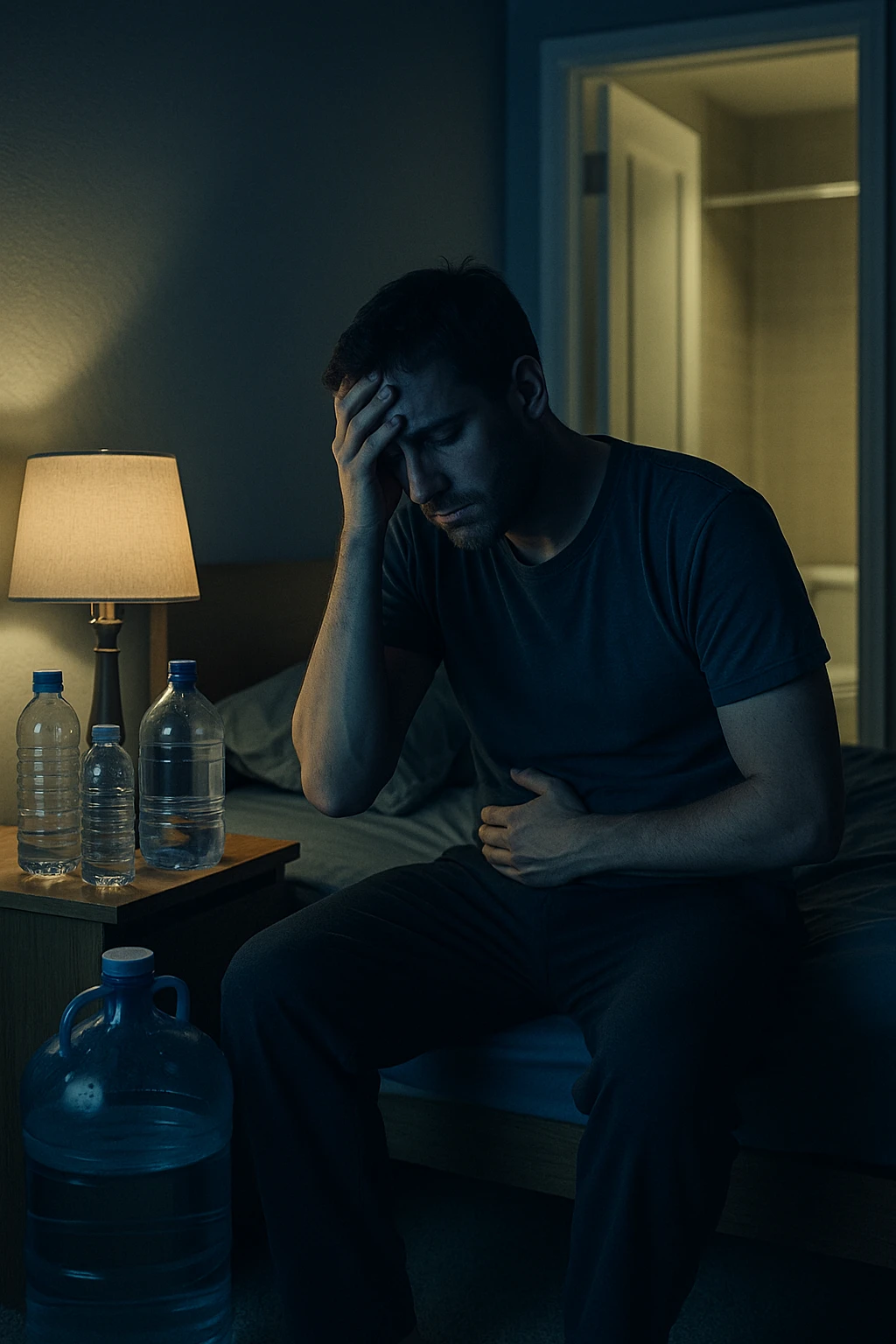 A cinematic scene of a man in his 30s sitting on the edge of his bed at night, clearly tired and frustrated. On his nightstand are several empty water bottles and a large reusable water jug, suggesting excessive hydration. A dim lamp casts soft shadows in the room, and the door to the bathroom is open with light spilling out — symbolizing repeated nightly visits. The man holds his head in one hand, while the other rests on his abdomen, eyes heavy with fatigue. The atmosphere is quiet and introspective. Cool color grading with deep blues and pale yellows enhances the nighttime mood. Style: 35mm cinematic realism, with attention to emotional detail and ambient lighting emoji