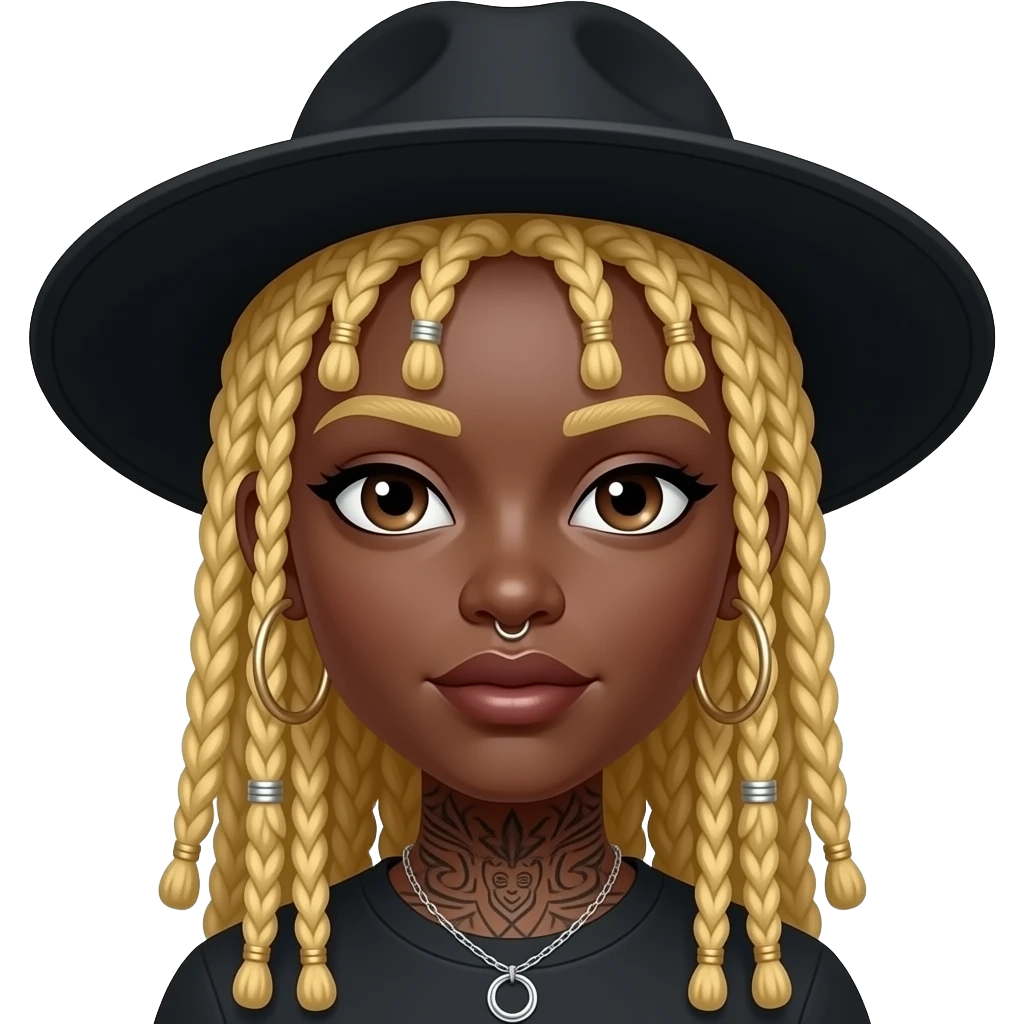 Black girl with blonde locs, hoop earrings, nose piercing, tattoos and black hat emoji