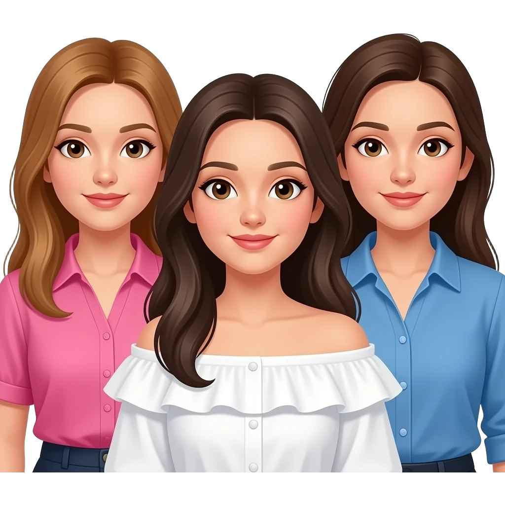 Tres amigas una castaña clarito pelo liso largo ojos marrones con una blusa de volantes rosa,una pelo moreno y liso largo ojos marrones con una blusa de volantes en los hombros blanca,una con pelo liso marrón ojos marrones y una blusa azul. que se les vea bien a las tres emoji