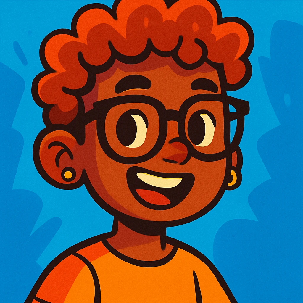 boy with curly hair and brown skin, wearing black glasses and earrings, vibrant cartoon style emoji