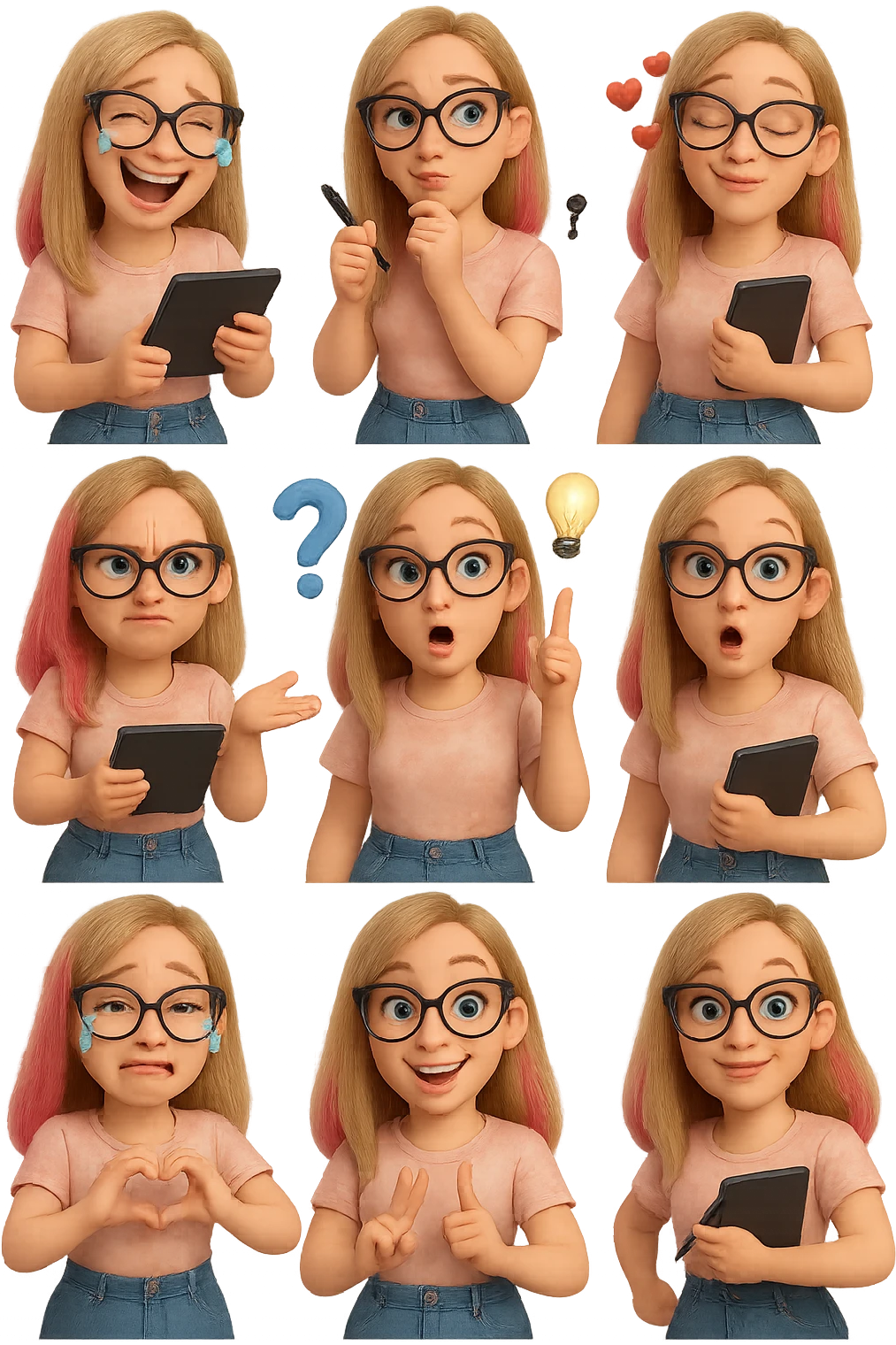 «Создай набор из 12 наклеек в стиле 3D cartoon  женского персонажа (30 лет выглядит моложе)  с прямыми светло русыми волосами до лопаток, яркие розовые пряди в волосах), светлой кожей, большими выразительными голубыми глазами, черные очки для зрения формы кошачий глаз, нос чуть с горбинкой.
Персонаж должен носить пастельную розово-бежевую тай дай футболку, голубые джинсы фасона мом, персонаж должен иметь разные выражения: смех до слез, задумчивость, влюбленность (с сердцами вокруг головы), злость с паром из носа, растерянность (со знаком вопроса), наличие идеи (с зажженной лампочкой), плач со слезами из глаз, удивление с открытым ртом, улыбка и  подмигивание, знак мира рукой, создание сердца руками, бегство со всех ног. Размер картинки не ограниченный, чтобы все наклейки вместились без обрезки. Стиль мультяшный  DreamWorks, мягкий свет, прозрачный фон, и добавь персонажу в руки графический планшет следи чтобы выглядело органично, красиво, не нарушая законы природы и физики, можешь добавить в другую руку перо от графического планшета, если это будет позволять смысл стикера» emoji
