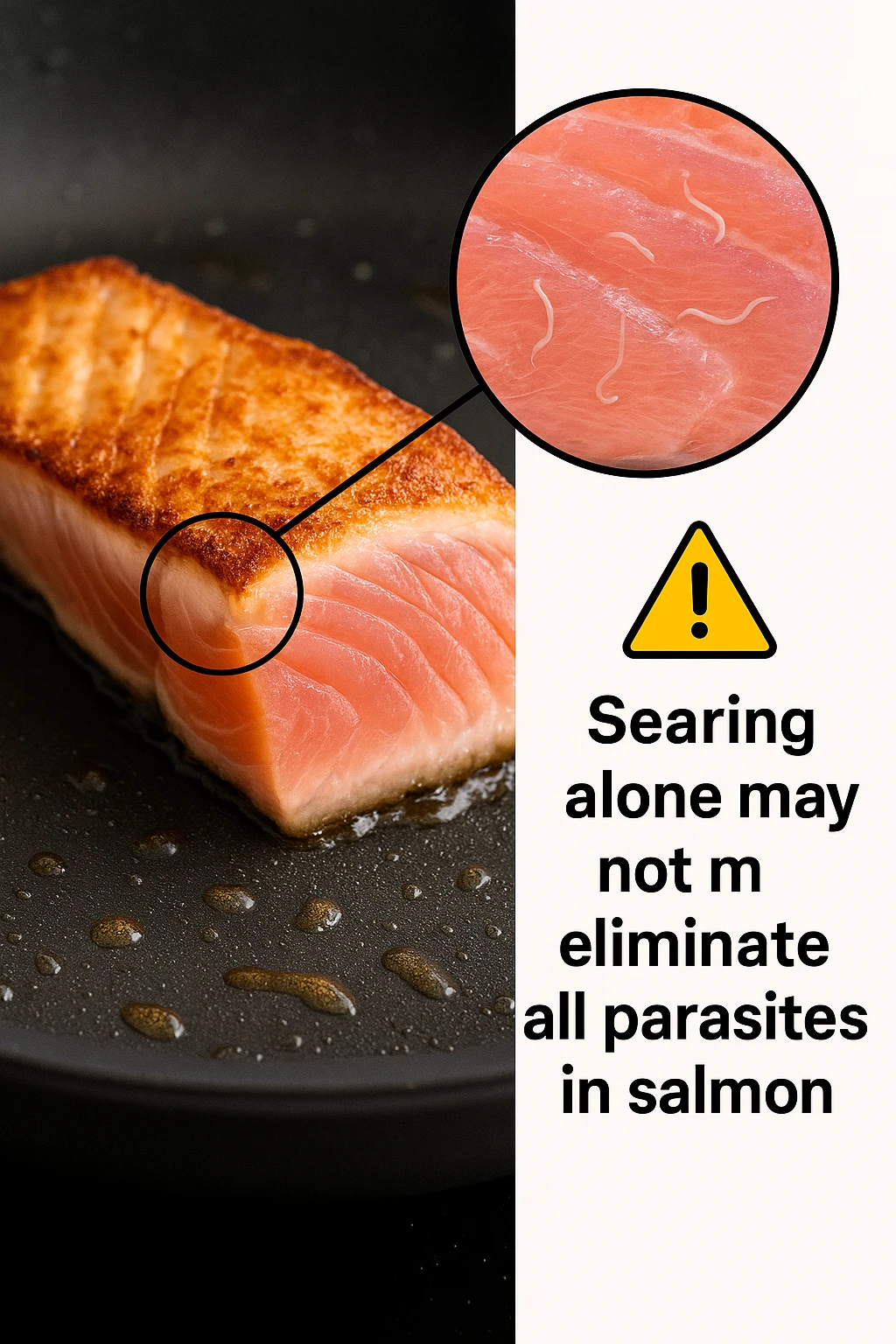 a close-up of a salmon fillet being lightly seared in a hot pan, with the outer layer cooked but the inside still raw. An inset magnifies the interior, showing visible Anisakis parasites surviving in the uncooked portion. A warning icon and educational text explain that searing alone may not eliminate all parasites. emoji