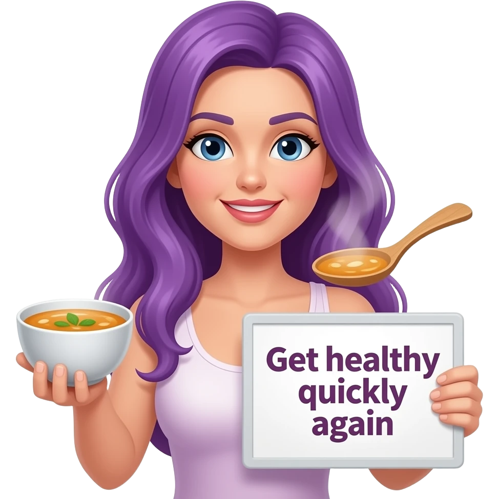 sexy girl with long purple hair holding a chicken soup and a wish WERDE SCHNELL WIEDER GESUND sign emoji