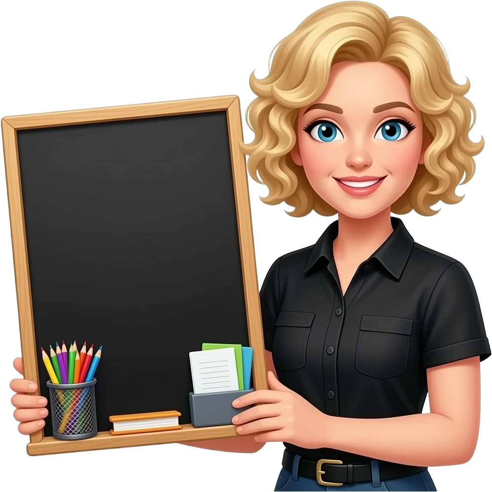 short blonde tight curly hair with a black board and school supplies office supplies in a black short sleeve blouse emoji