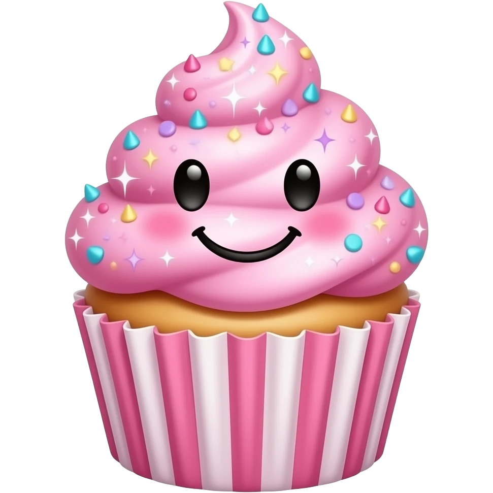 Um cupcake rosa com muito brilho, feliz e sorridente, com um rosto... emoji