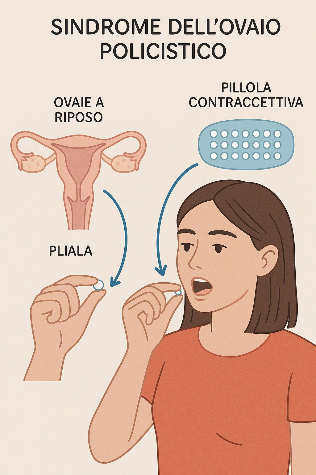 Donna con pcos che prende la pillola, e la pillola mette a riposo le ovaie in italiano emoji