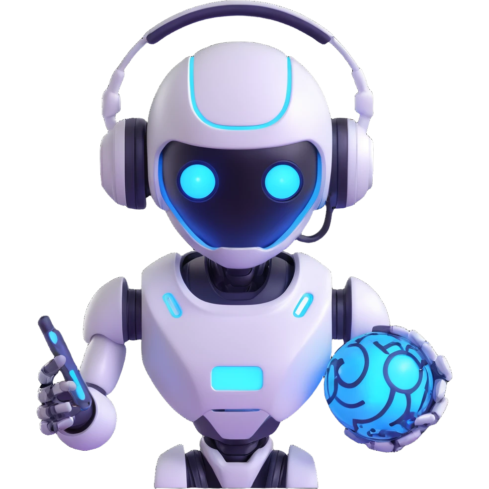 robot-like autonomous AI agent, metallic finish, glowing blue eyes, headset, holding a digital orb emoji