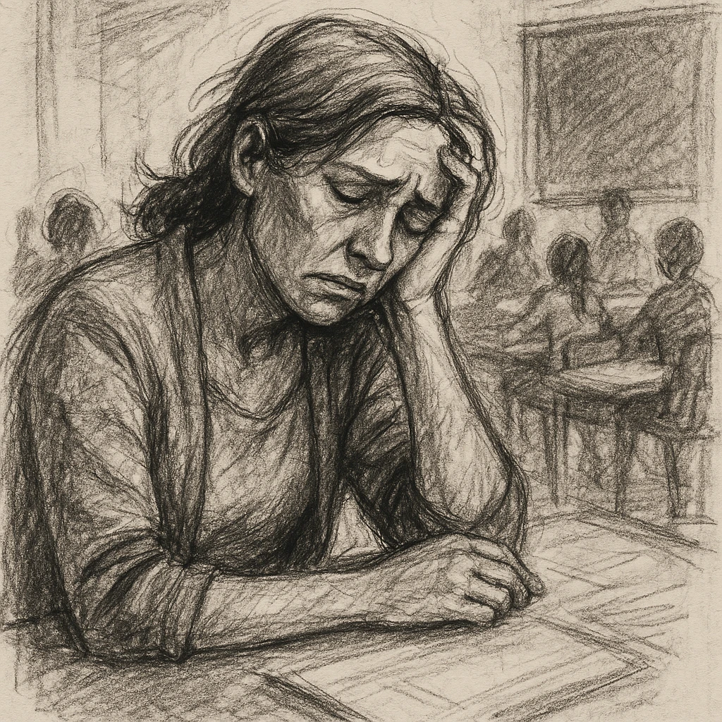 exhausted teacher in a bustling classroom emoji