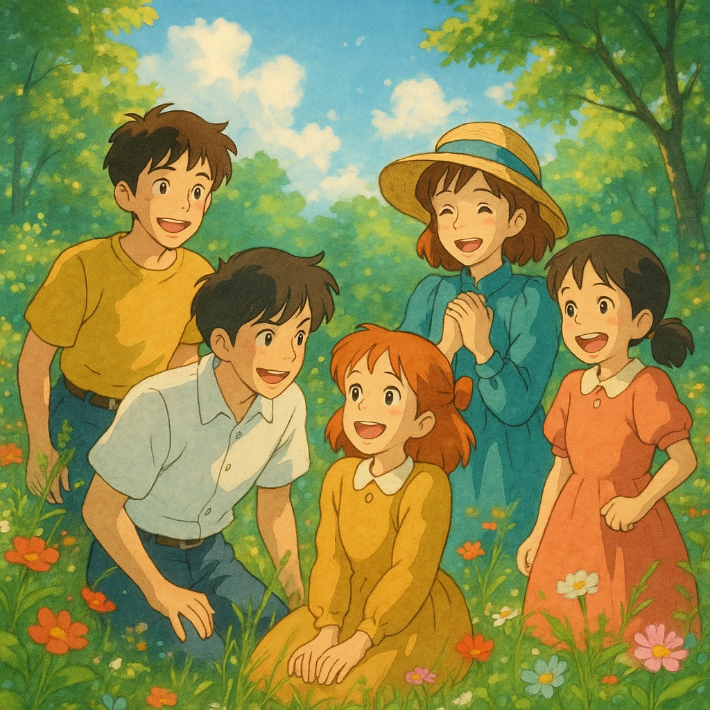 Five friends (three girls, two boys) enjoying a sunny day outdoors, in a Ghibli-style illustration with vibrant nature and a sense of wonder. emoji