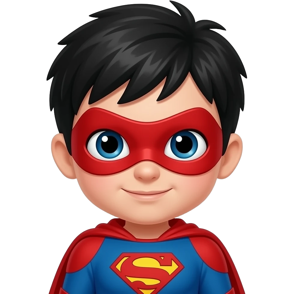 quiero que me hagas a un superheroe con el pelo negro mascara roja i con un traje rojo que sea un niño congelado emoji