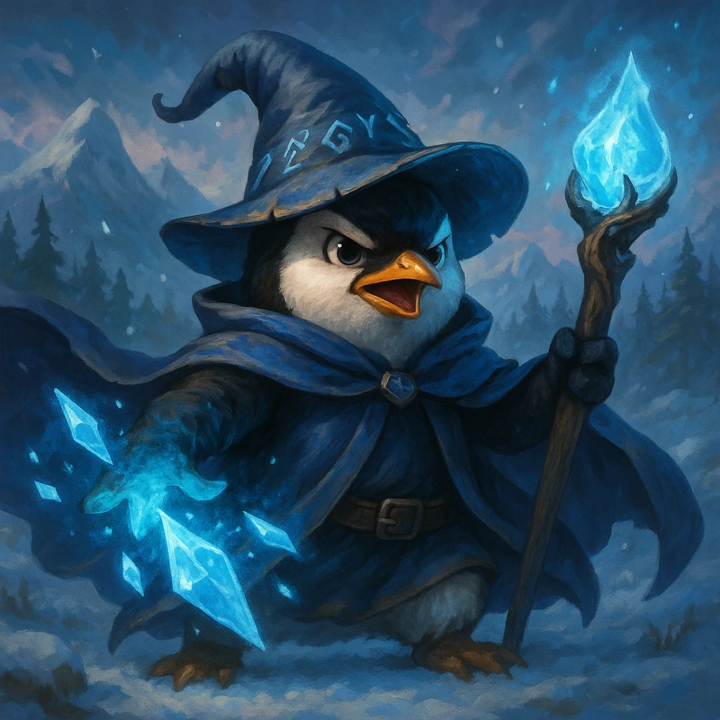 a heroic penguin wizard with a flowing cape and icy magic in a fantasy style emoji