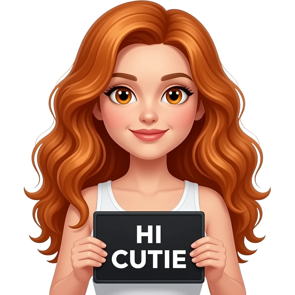 sexy girl with long wavy ginger hair and ginger eyes wearing a white tanktop is holding a black colored sign with HI CUTIE written on it emoji