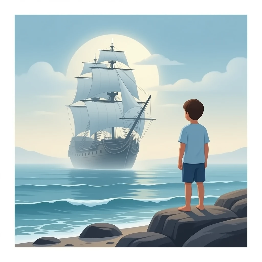 The ghostly ship The Queen Mary hovers above the sea as a boy on the shore watches the scene emoji