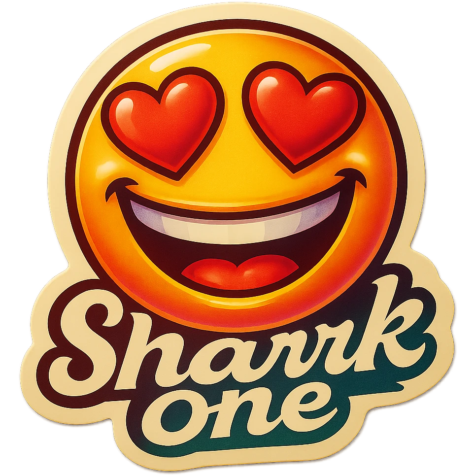 grin
heart shaped eye
add the words “ Shark One " in White emoji