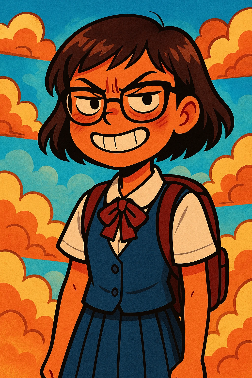 high school girl with glasses and short hair, smiling but with subtle signs of inner anger, surrounded by clouds, in a vibrant cartoon style emoji